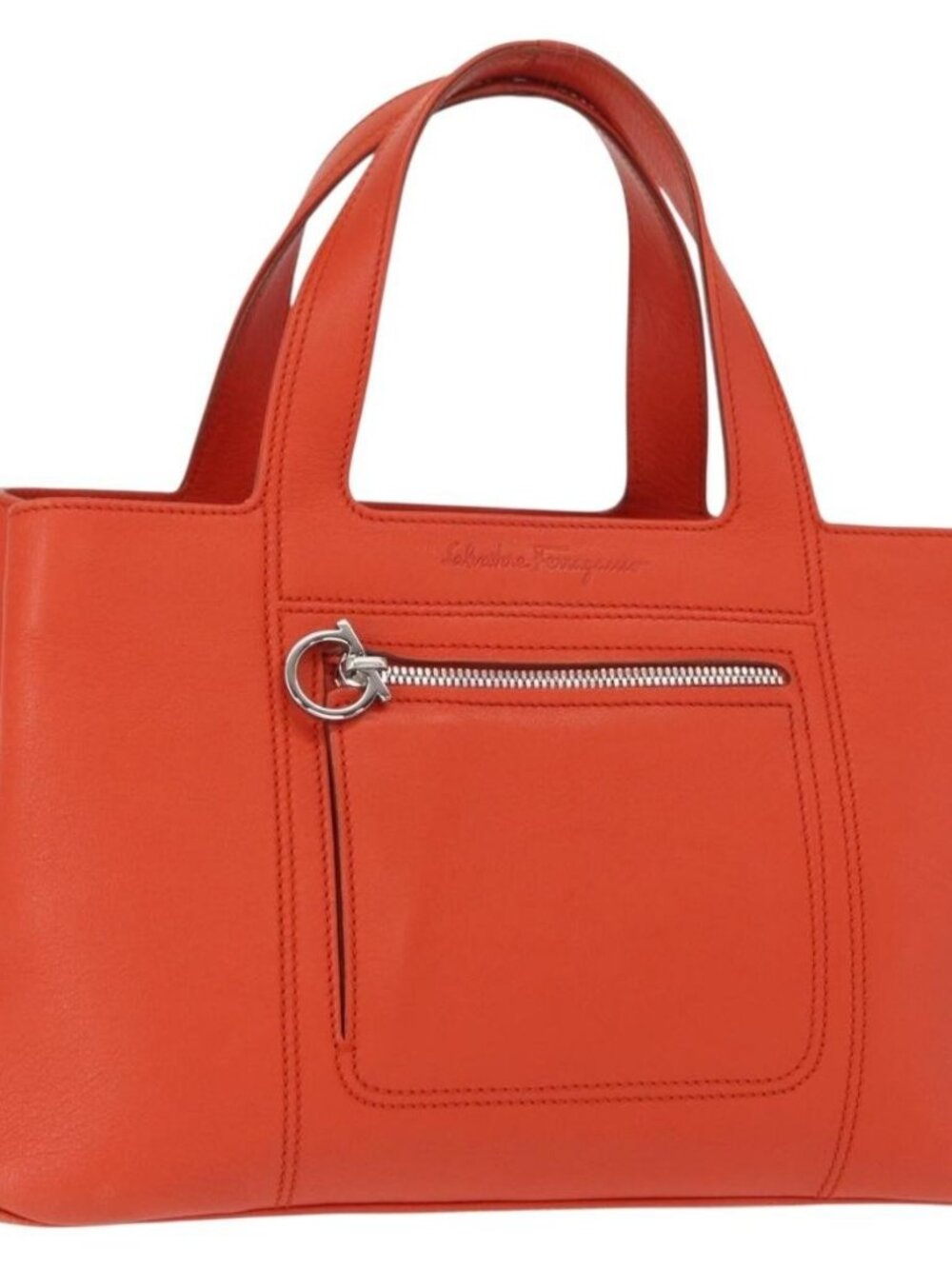 Salvatore Ferragamo Hand Bag Leather Orange Silver Auth 151757